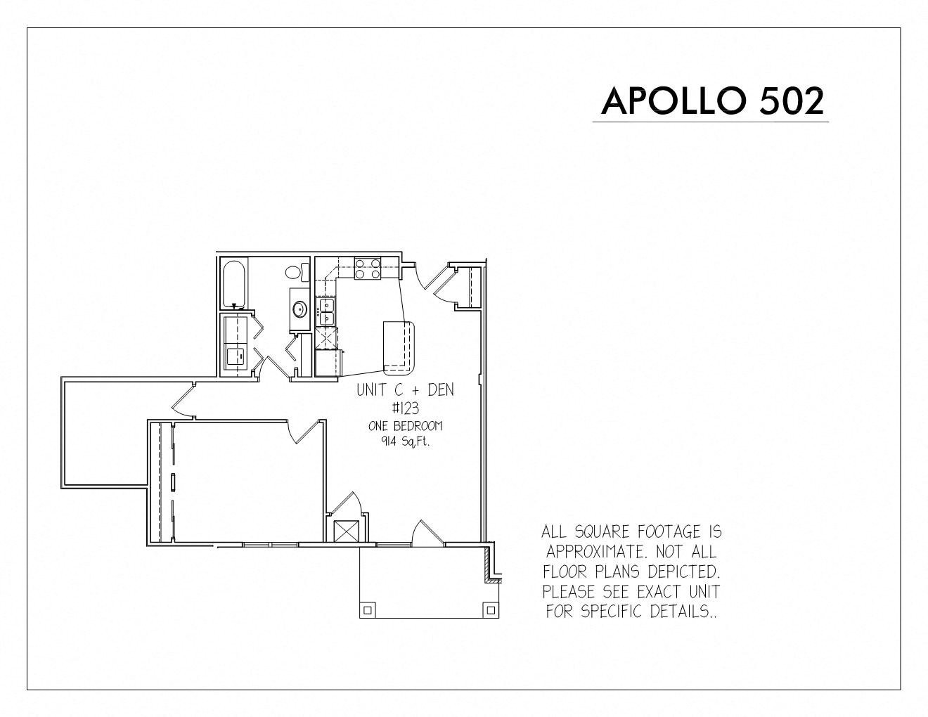 Floor plan for 1 bed, 1 bath, 914 sqft
